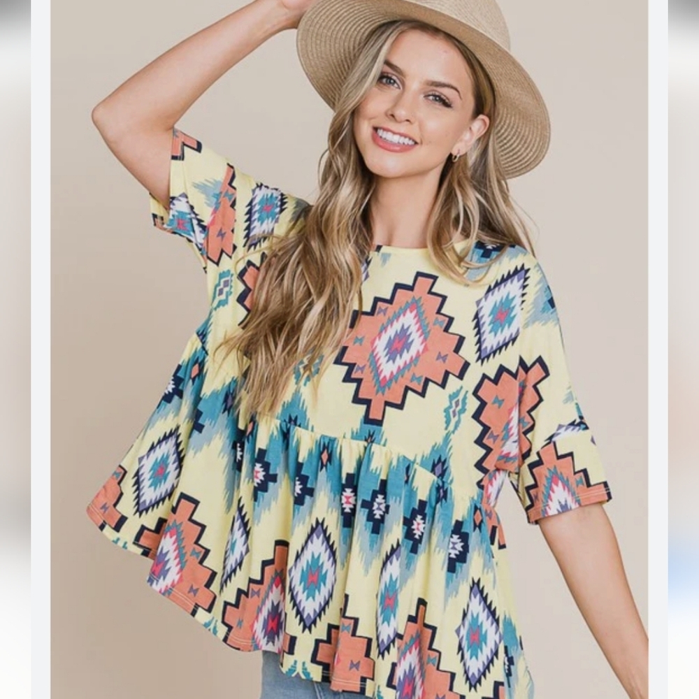Yellow Geometric Peplum Top